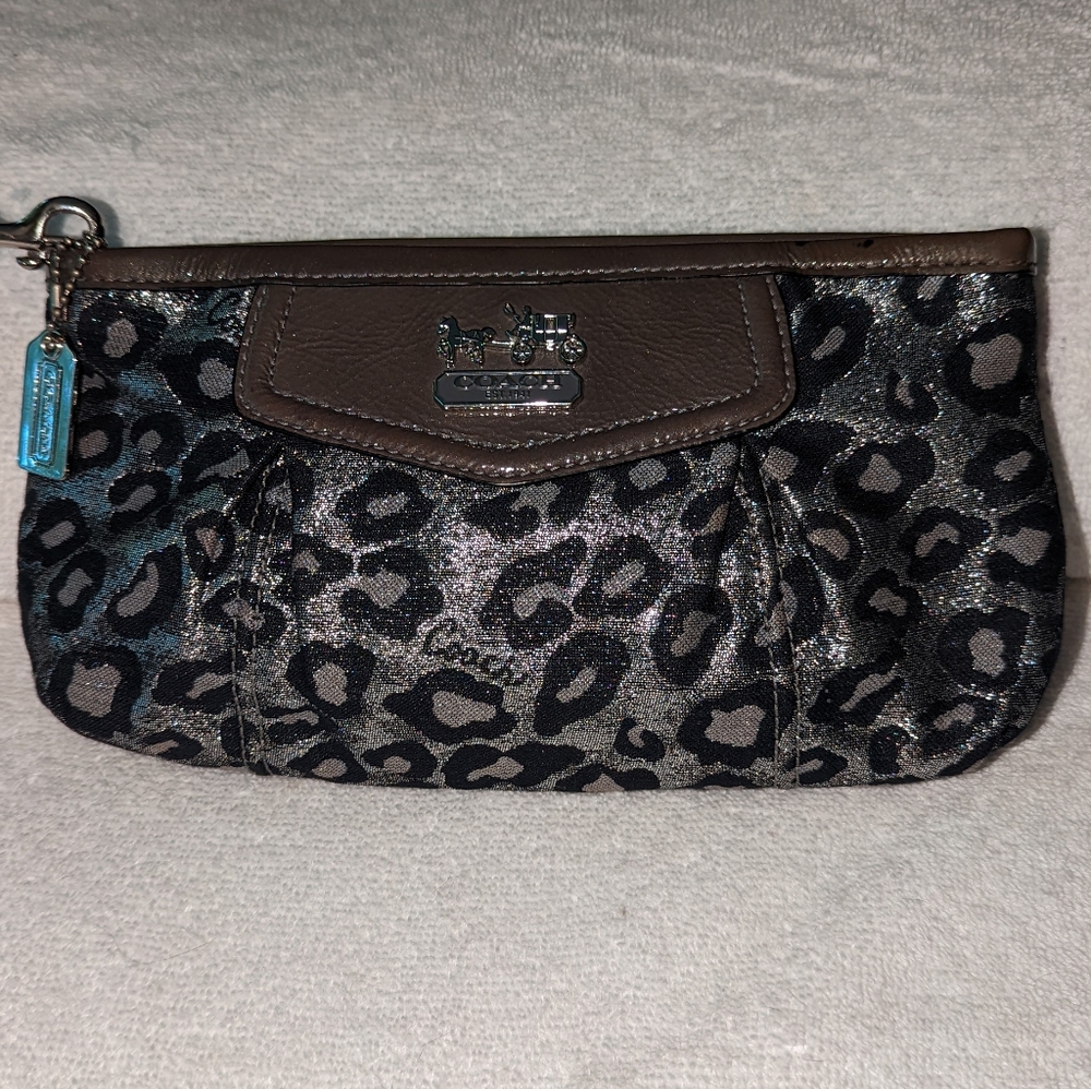 Coach Madison Ocelot gray metallic black leopard wristlet.